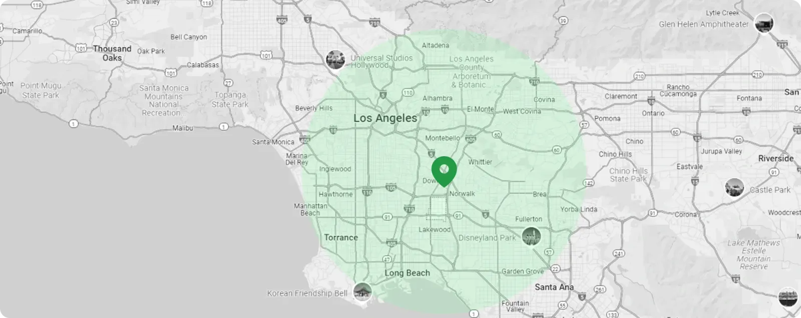 GreenCal roofing service area map across Greater Los Angeles